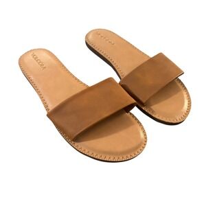 Volcom Sandals Womens 10 Tan Leather Slide Slip On‎ Flat Comfort Shoes Brown New